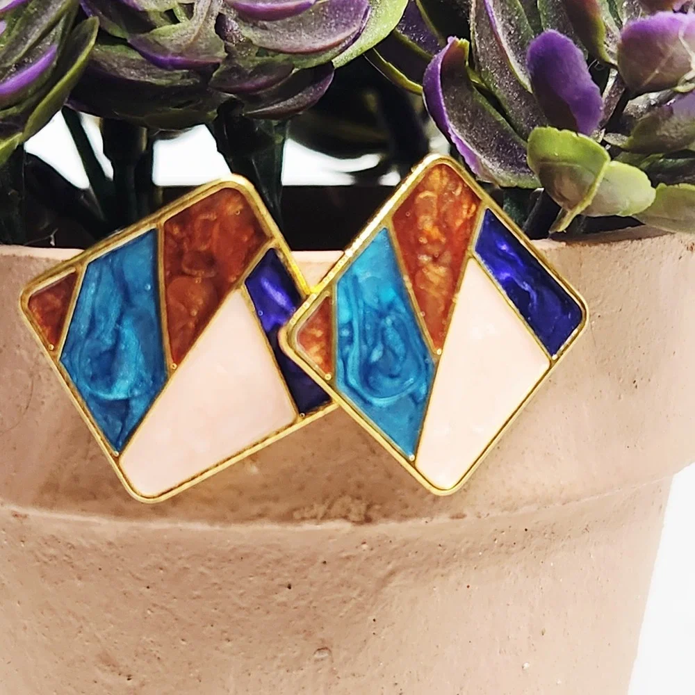 Multicolor Geometric Mosaic Enamel Stud Earrings Gold Tone Square Art Deco Style